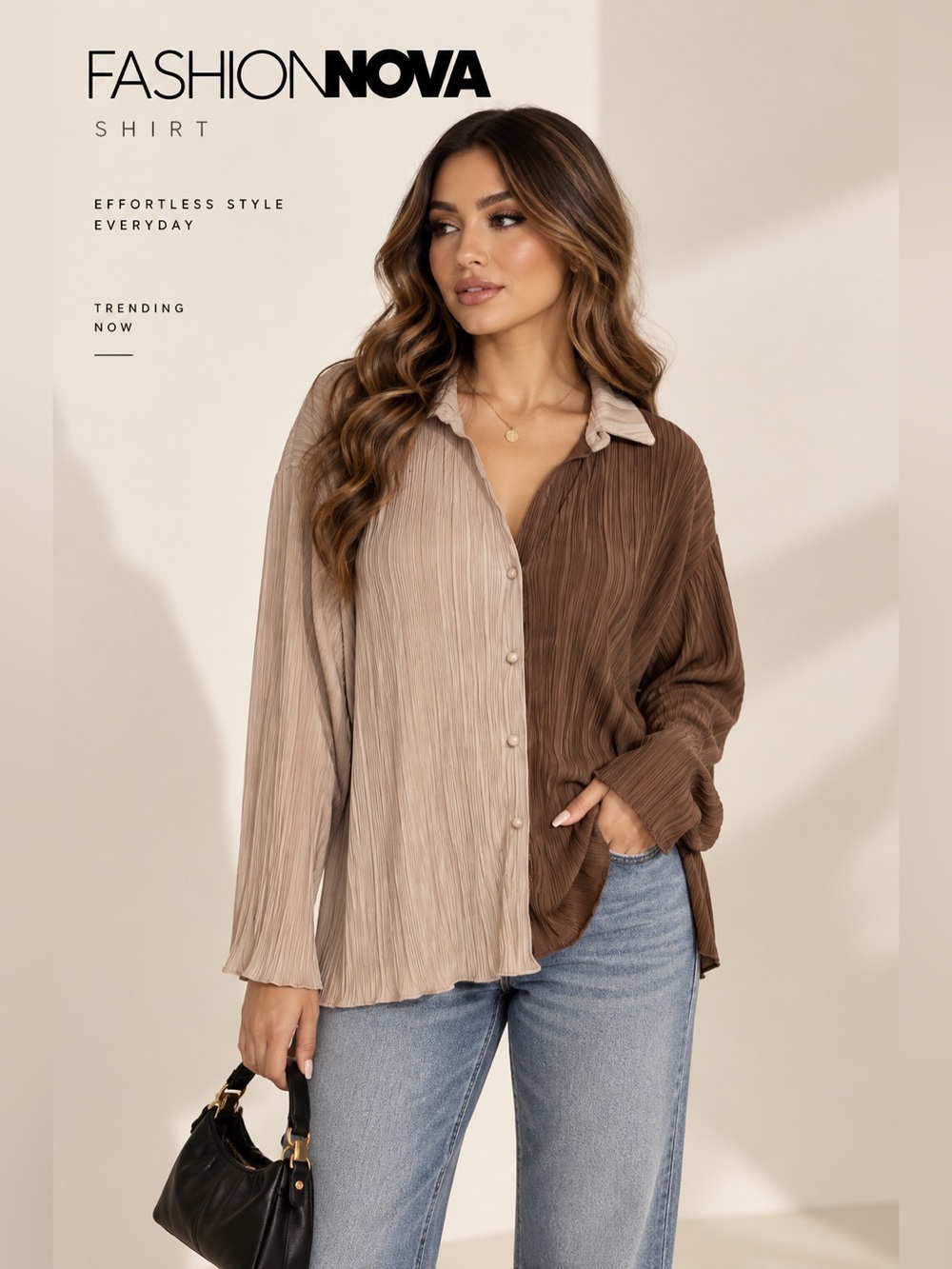 Fashion Nova XL Two Tone Brown Beige Pleated Button Up Shirt